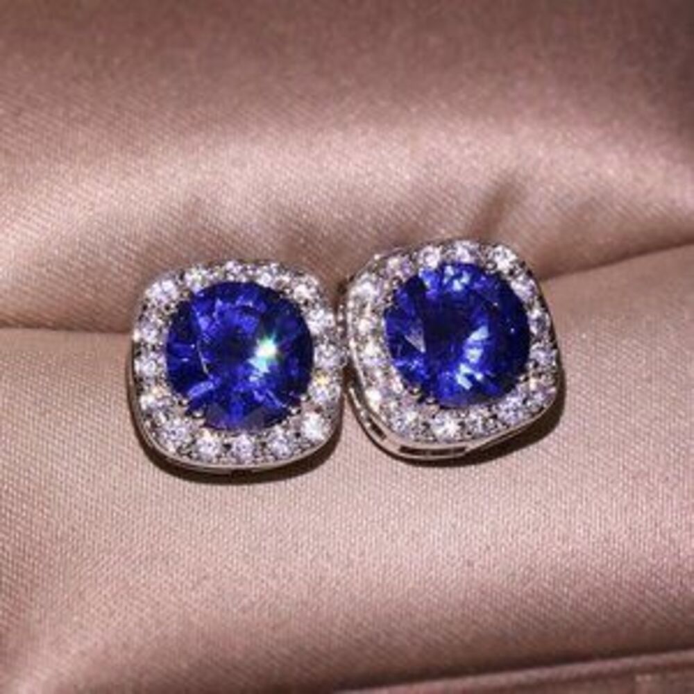 NEW Blue Sapphire Diamond Halo Stud Earrings